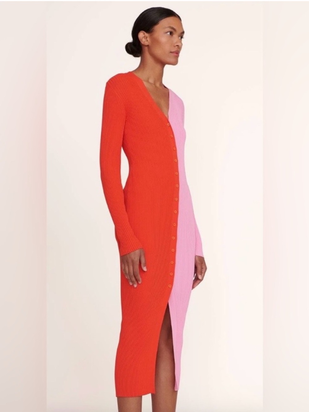 STAUD Women's Two-Tone Ribbed Midi Dress in Pink and Red